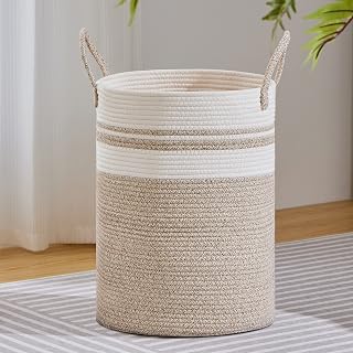 VIPOSCO 100L Extra Large Woven Laundry Basket Hamper, Brown White | Cotton rope basket, collapsible wicker hamper, panier a linge, storage for gift, blanket, dirty clothes, for bathroom