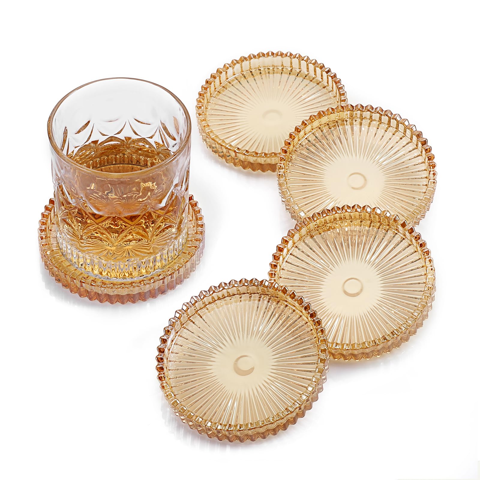 Modern Clear Coasters Set of 5- Glass Cute Coasters for Drinks, Amber | Crystal 