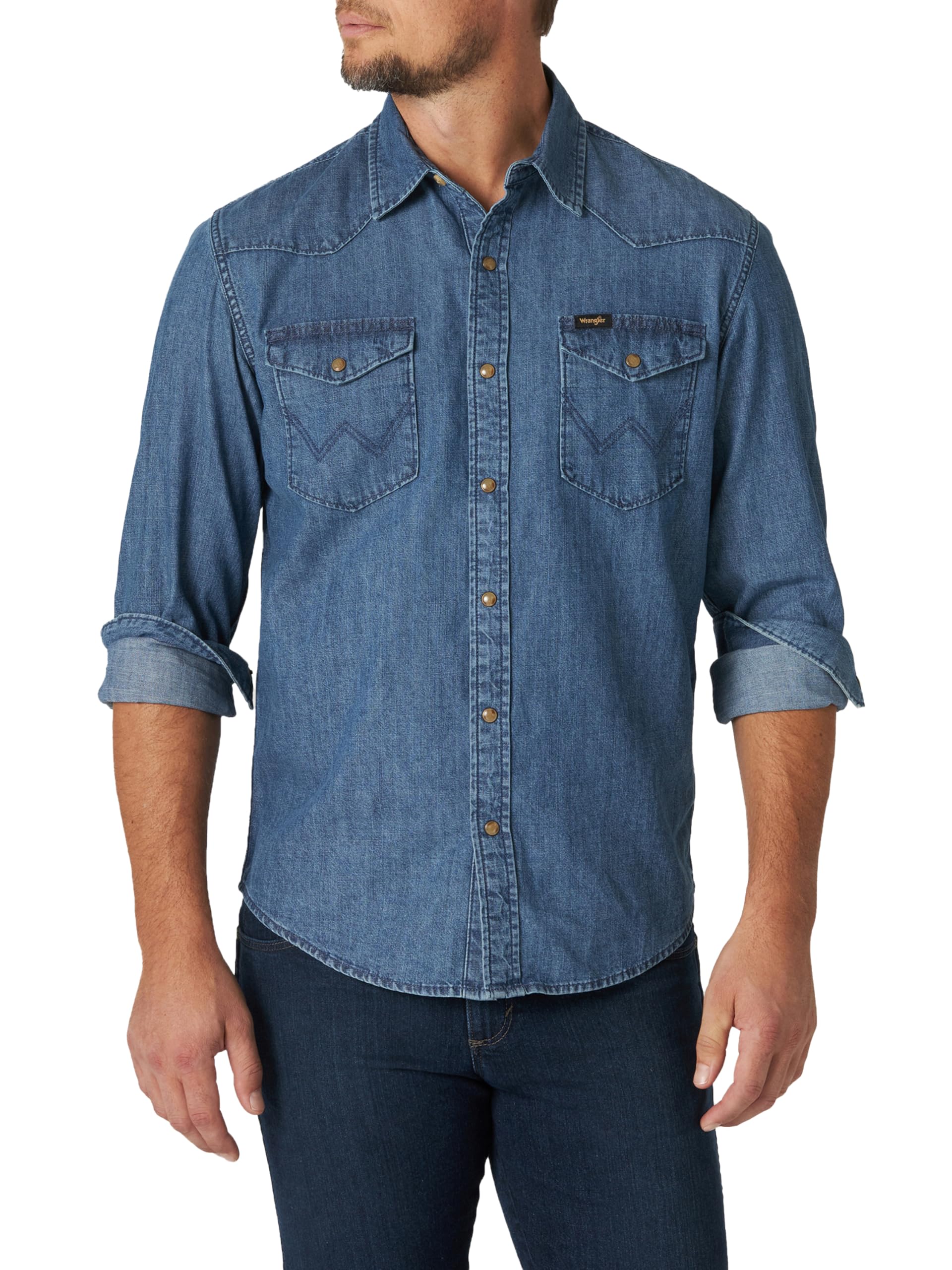 Wrangler Men's Iconic Regular Fit Snap Shirt, Mid Tint Denim, XX-Large
