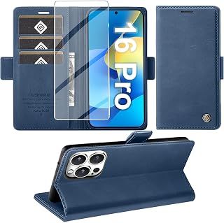 Giyer Cover for iPhone 16 Pro Case with Tempered Glass, Premium PU Wallet Card Slot RFID Anti-Theft Function Stand Flip Case, Shockproof for iPhone 16 Pro 5G Cover (Blue)