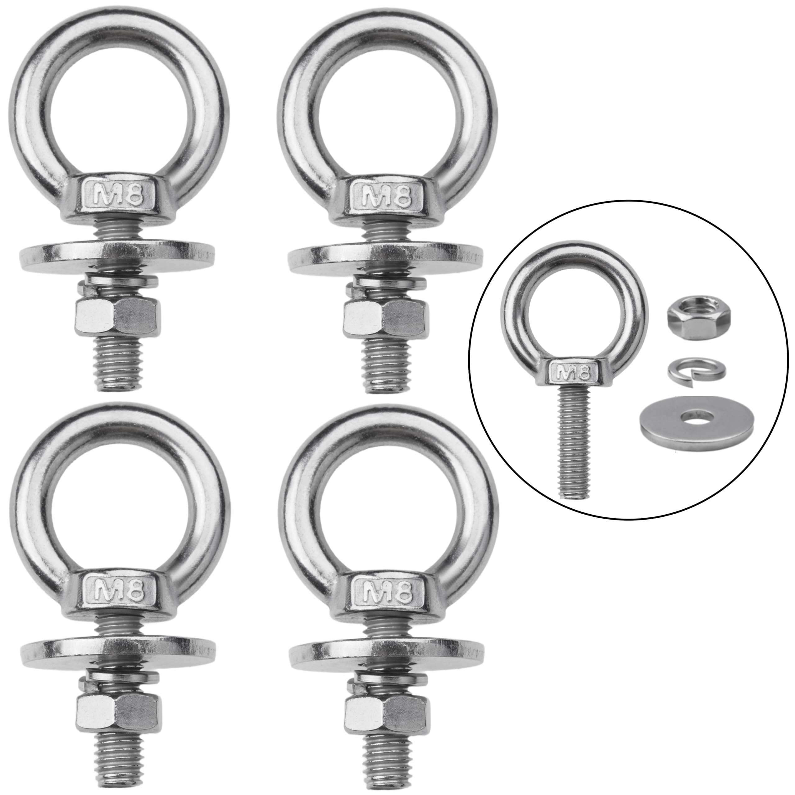 ZYUAROM 4 Pack M8 Stainless Steel Eye Bolts with Nuts, 5/16" x 1" Eye Bolts | 30