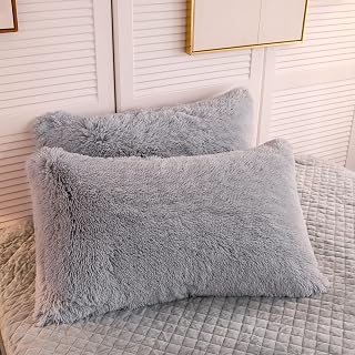 LIFEREVO 2 Pack Fluffy Faux Fur King Pillow Cases with Zipper, Gray