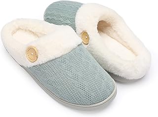 Chantomoo Women Slippers Comfortable Memory Foam Plush Bedroom Faux Fur Lined Knitted Warm Slippers Slip-on Shoes Lightweight Indoor Outdoor Rubber Sole