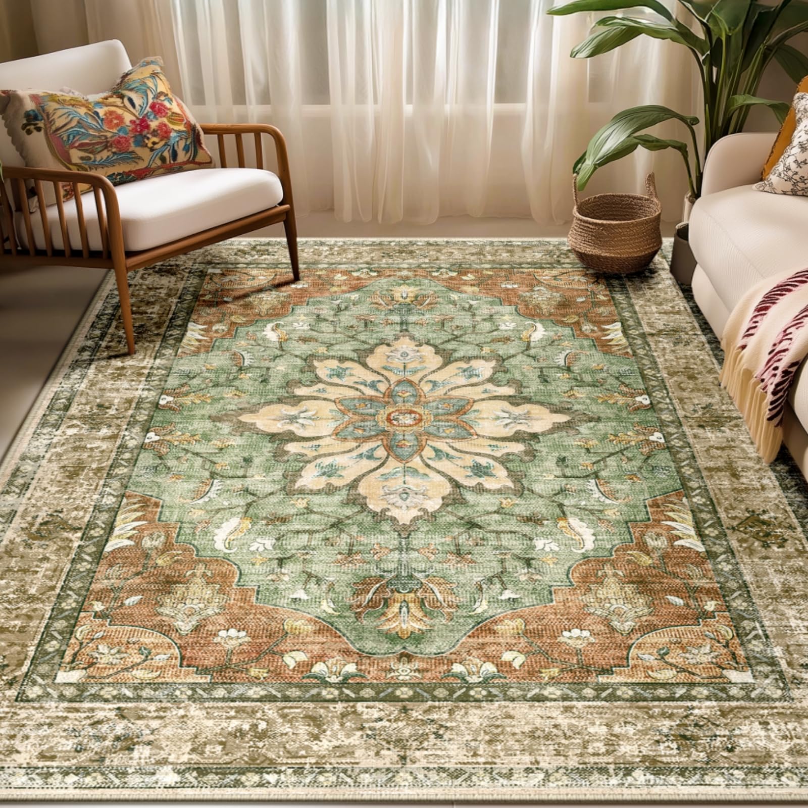 RELEANY Washable Area Rug, 5'x7', Brick/Brown/Green | Non-Slip, Water Repellent,