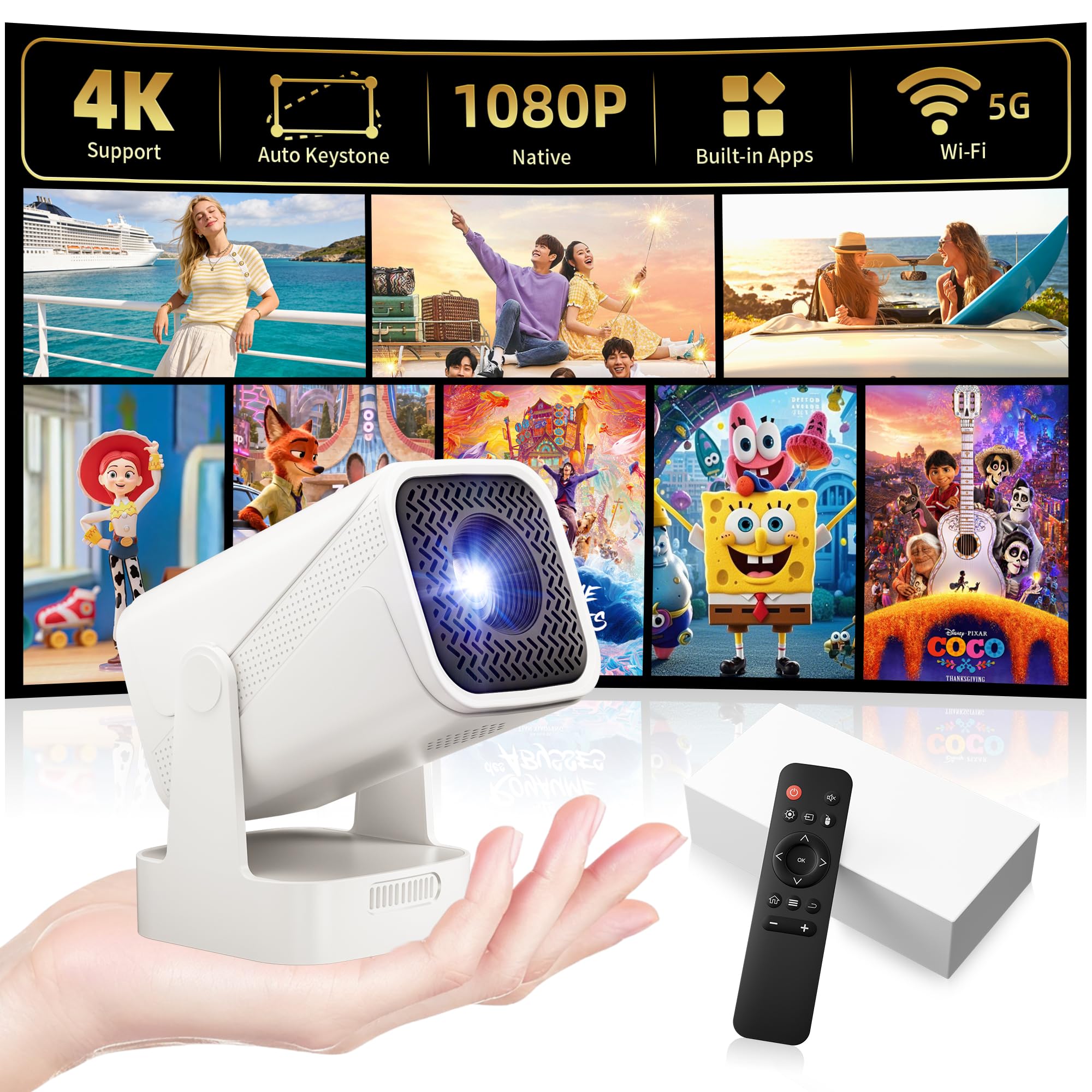 Smart Mini Projector, Native 1080P Projector with WiFi and Bluetooth | 4K Suppor