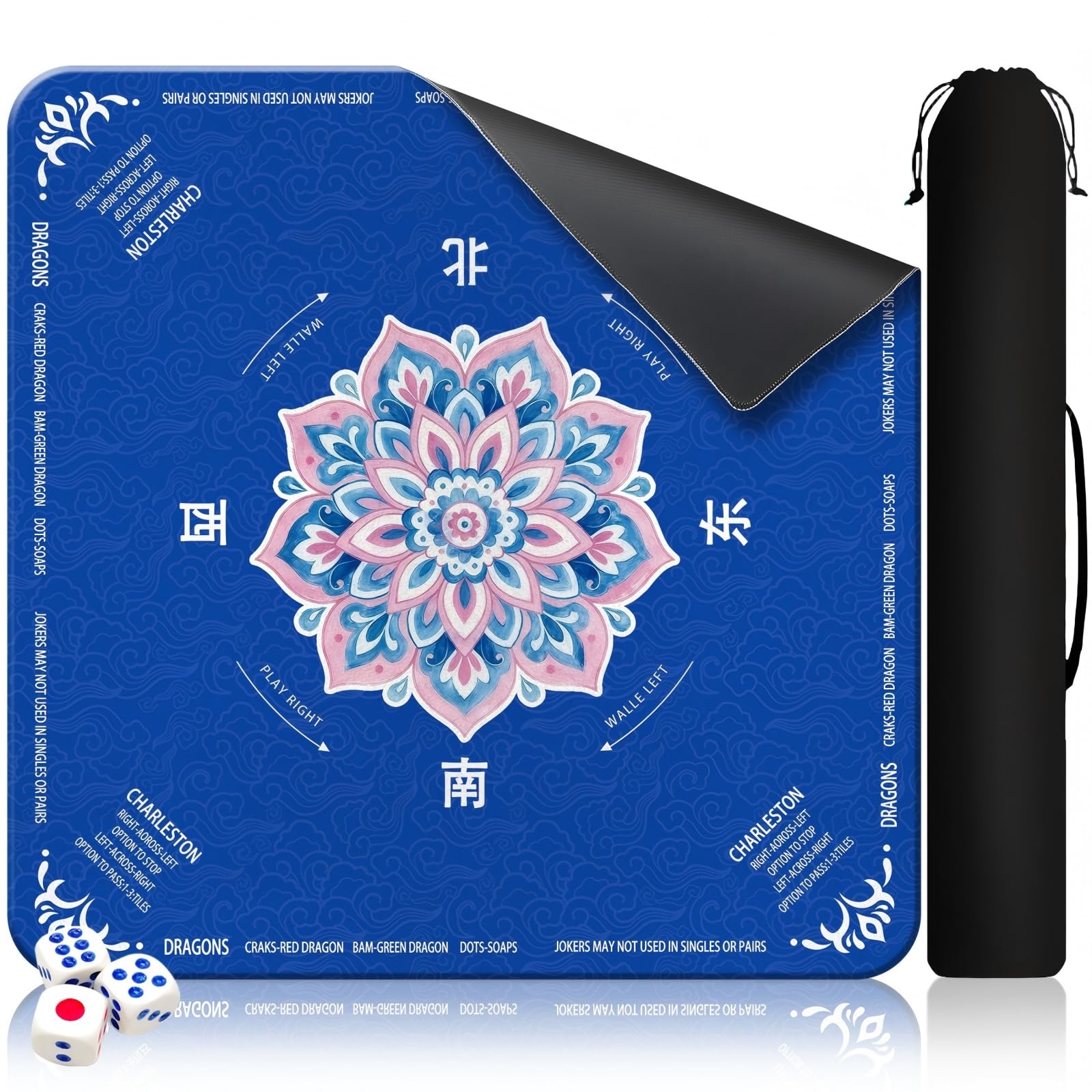 GreenD Mahjong Mat 31.5"x31.5" Non-Slip Noise-Reducing with Bag 3 Dice Blue | ma