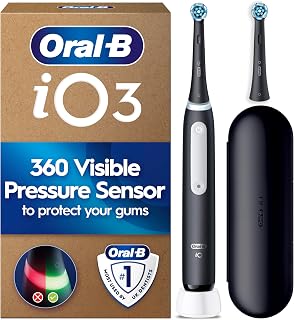 Oral-B iO3 Electric Toothbrush, Black, with Travel Case and Spare Head | Pressure Sensor, with 2 Toothbrush Heads, Long-Lasting Battery with Case for Home and Travel, UK Two Pin Plug