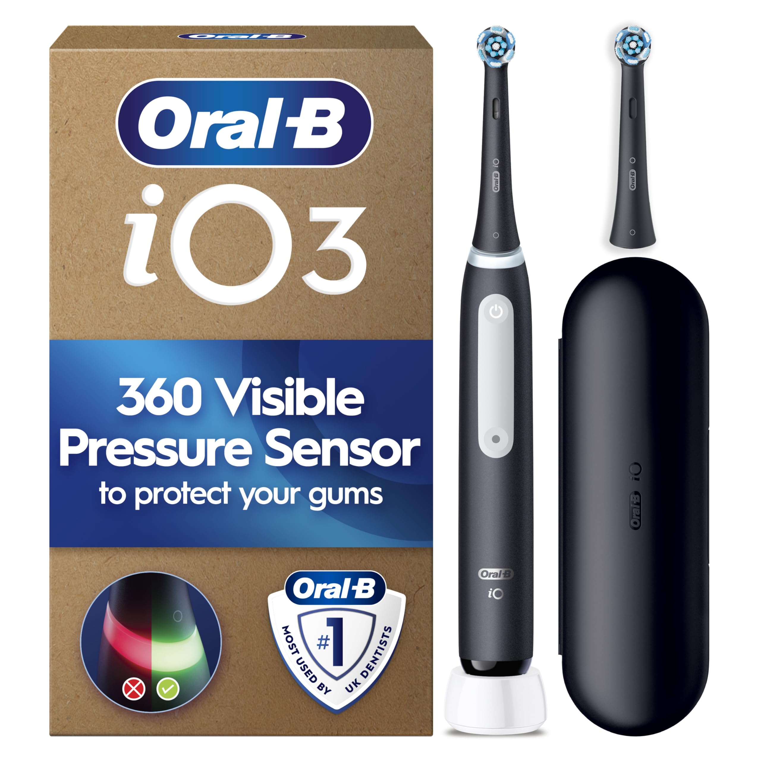 Oral-B iO3 Electric Toothbrush, Black, with Travel Case and Spare Head | Pressur