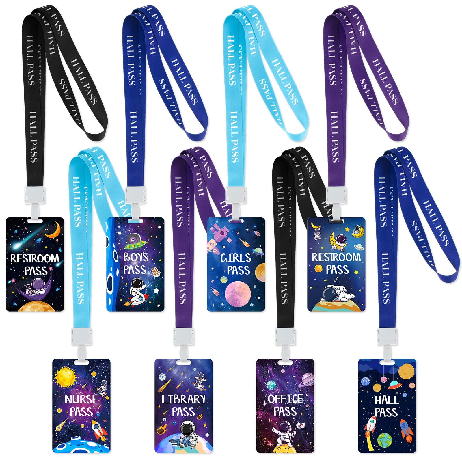 Ctosree 8 Set PVC Hall Pass Lanyards, Outer Space Unbreakable School Passes | Te