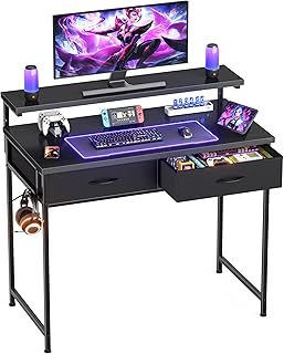 Gaming Desk with Adjustable Monitor Stand, 2 Storage Drawers, Black 80cm | Computer Office Desk with Headphone Hook, Carbon Fibre Surface, for Gamers, Workers and Students