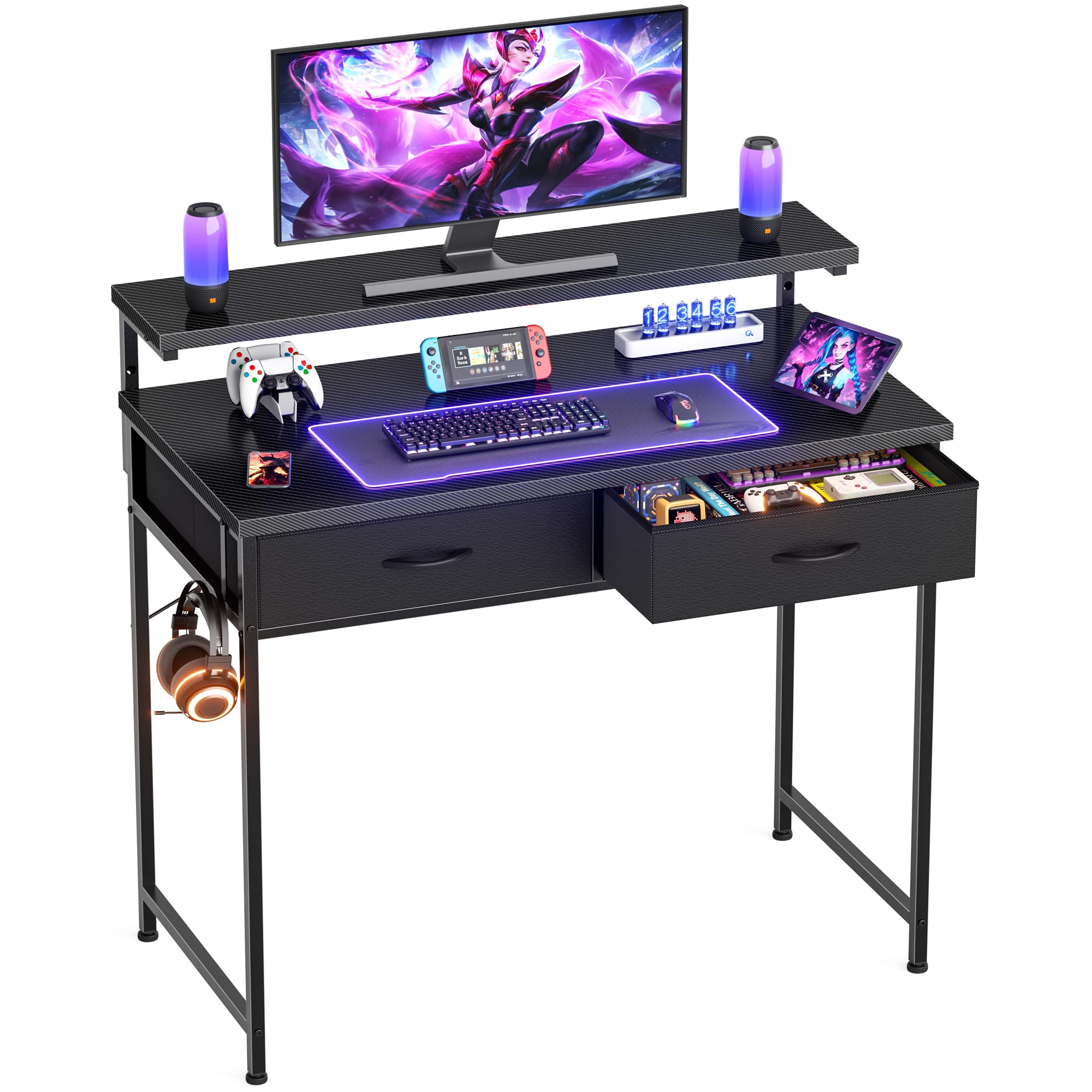 Gaming Desk with Adjustable Monitor Stand, 2 Storage Drawers, Black 80cm | Compu