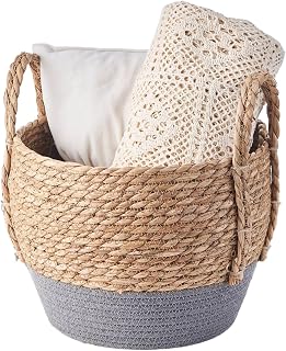 Eden & Willow Natural Straw Woven Plant Storage Basket, Home Organisation Hamper Basket with Handles (Grey, Medium)
