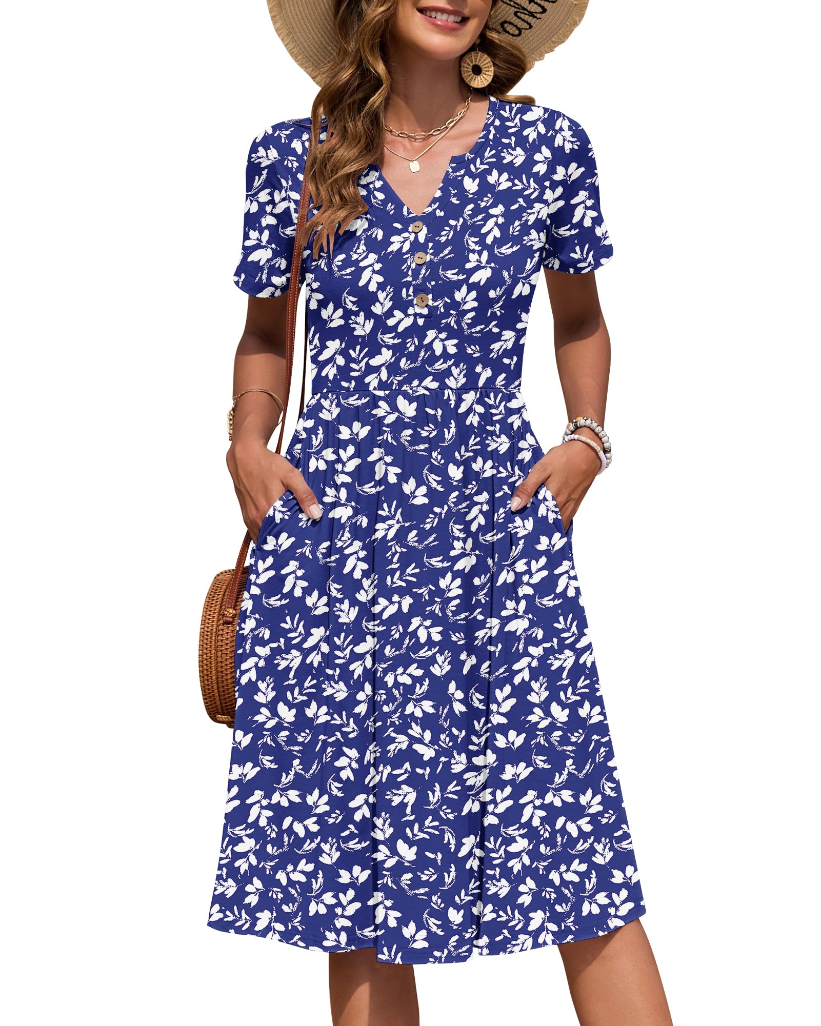 AUSELILY Women's Short Sleeve Summer Dress Knee Length Pockets
