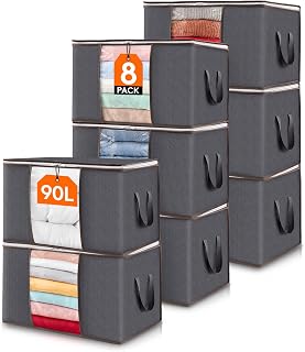 Lifewit 8 Pack Large Capacity Clothes Storage Bag, Foldable Storage Bins for Clothes, Blankets, Fabric Wardrobe Closet Organizer with Reinforced Handle, Sturdy Zipper, Clear Window, Grey, 90L