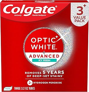 Colgate Optic White Advanced Hydrogen Peroxide Toothpaste, 3 Pack, 3.2 oz | Icy Fresh Flavor, Teeth Whitening Toothpaste, Removes 5 Years of Deep-Set Coffee, Tea, and Wine Stains, Enamel Safe Formula