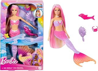 ​Barbie Mermaid Doll, Malibu with Pink Hair and Pet Dolphin | Styling Accessories, Pet Dolphin and Water-Activated Color Change Feature