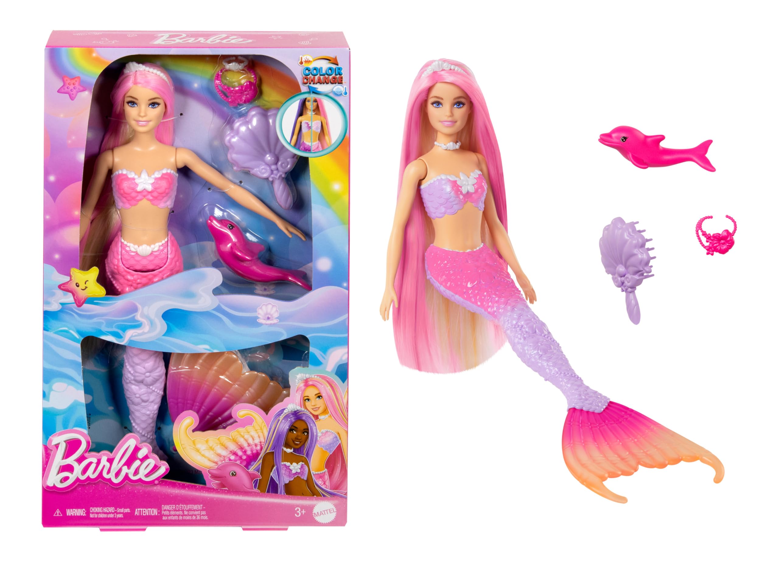 ​Barbie Mermaid Doll, Malibu with Pink Hair and Pet Dolphin | Styling Accessorie
