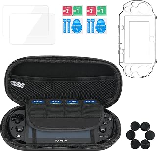 Jekarsy PS Vita Case for PS Vita 2000 , 10-in-1 Protective Accessories Set, Hard Carrying Case, Clear Crystal Case,2 Tempered Glass Screen Protectors and 6 Thumb Grip Caps