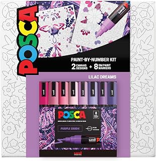 posca® Paint by Number Canvas Kit, 8 PC-5M Water-Based Acrylic Markers | 2 Pre-Printed Paint by Number Canvases, Medium Reversible Tip 1.8–2.5mm, DIY Painting Kit for Kids & Adults, Lilac Dream