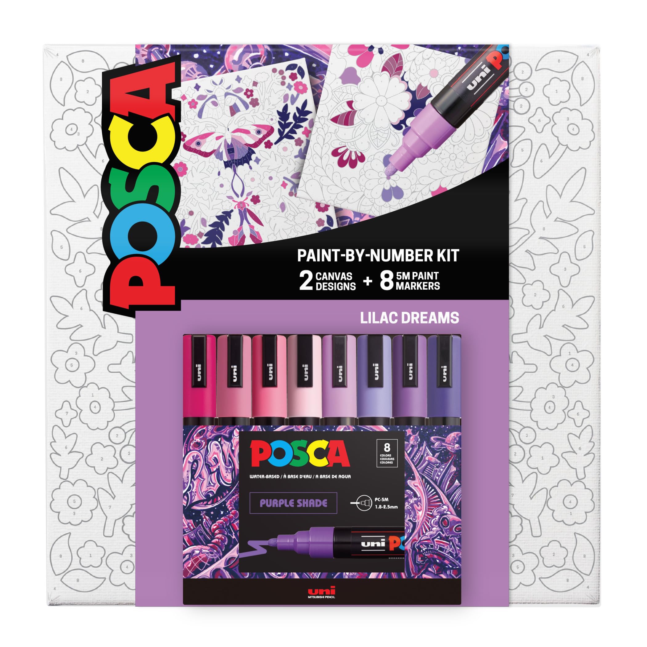 posca® Paint by Number Canvas Kit, 8 PC-5M Water-Based Acrylic Markers | 2 Pre-P