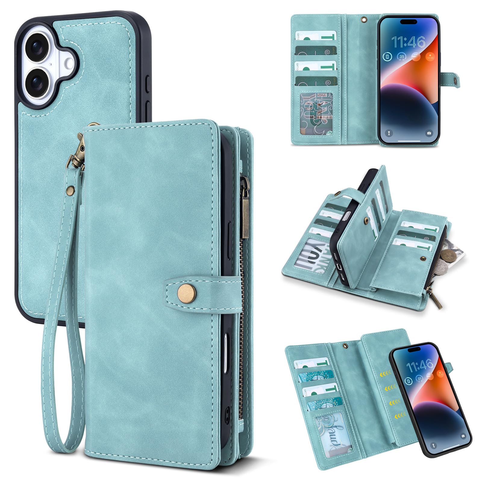 TwoHead Wallet Case for iPhone 17,with 11 Card Holders,Blue