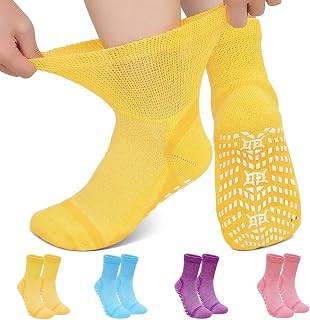 LOFIR Diabetic Socks for Women Men: Bamboo Extra Elastic Non-Slip Slipper Socks with Padded Wide Top Grip Loose Fit & Breathable Seamless for Swollen Feet Elderly Hospital 6-14 4 Pairs
