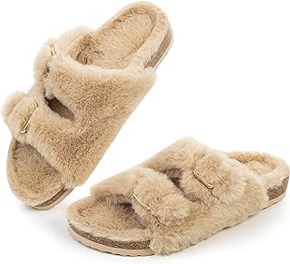 FITORY Womens Open Toe Slippers,Faux Rabbit Fur Cork Slides Sandals