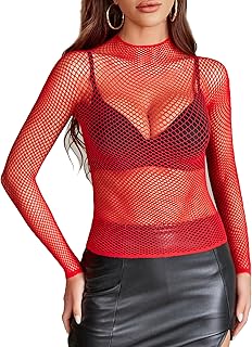 Avidlove Women Sexy Mesh Long Sleeve Mesh Blouse Mock Neck Sheer Lace Bodycon Blouse Party