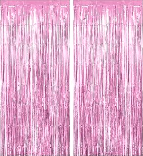 2pcs Tinsel Curtain Pink Glitter, 3ft X 6.4ft Aluminum Foil Flow Curtain Background Streamer, Girls Tinsel Curtains Pastel Foils Fringe,Birthday Party Wedding Holiday Backdrop Decoration(Pink)