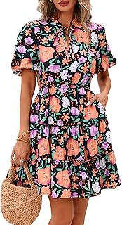 BTFBM Women Summer Floral Short Dresses V Neck Short Sleeve Tiered Ruffle Boho Swing Dress A-Line Mini Dresses