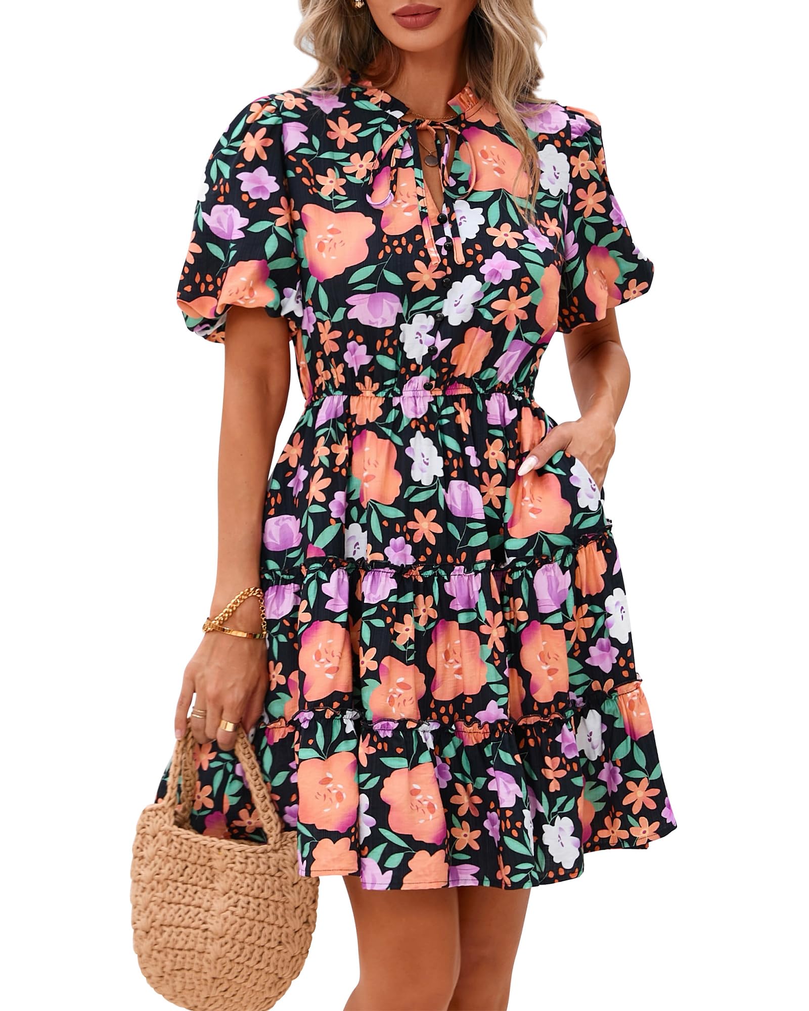BTFBM Women Summer Floral Short Dresses V Neck Short Sleeve Tiered Ruffle Boho S