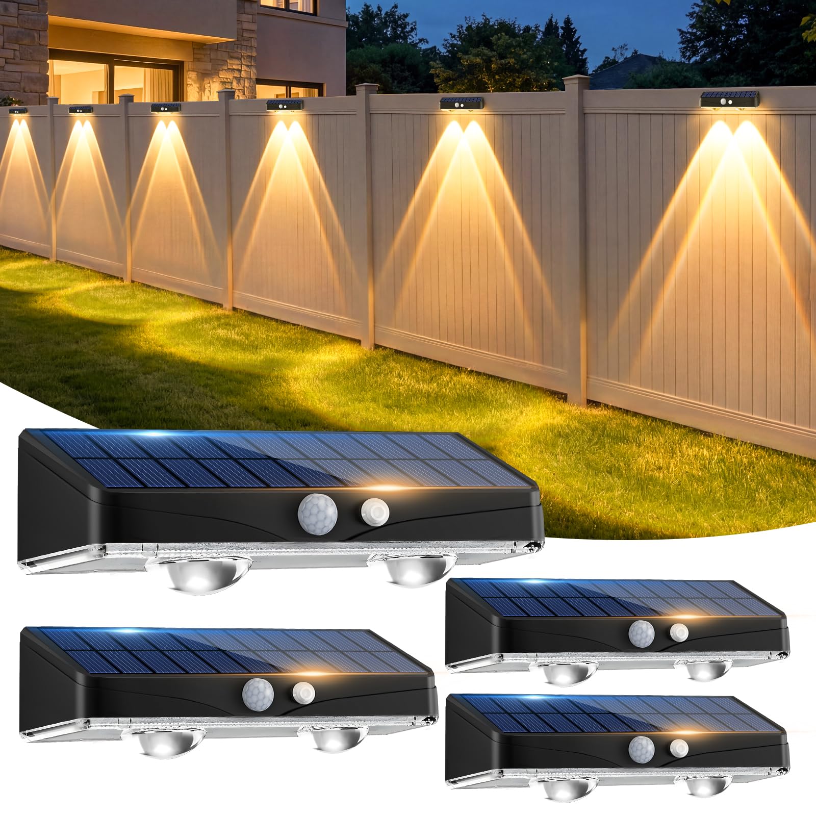 Kolpop Solar Fence Lights Outdoor Garden, 4 Pack Solar Motion Sensor Lights, 3 M
