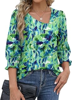 Funlingo 3/4 Length Sleeve Womens Tops Asymmetric Square Neck Dressy Casual Blouses Business Work Shirts with Smocked Cuffs