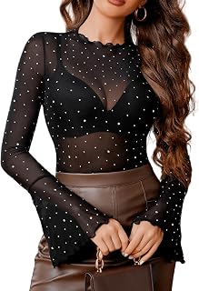 Avidlove Women Rhinestone Mesh Tops Long Sleeve Bell Tops Glitter Blouses Sexy Shirts Disco Clothing Dresses S-XXL
