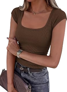 PRETTYGARDEN Cap Sleeve T Shirt Women 2026 Basic Square Neck Slim Fit Ribbed Knit Spring Going Out Tops Summer Clothes
