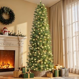 SHareconn Prelit Artificial Pencil Christmas Tree 6FT & Warm White Lights | Green, Slim & Skinny Design, 200 Lights, 637 Full Branch Tips, flame-retardant PVC, Good Choice Decoration for Xmas Holiday