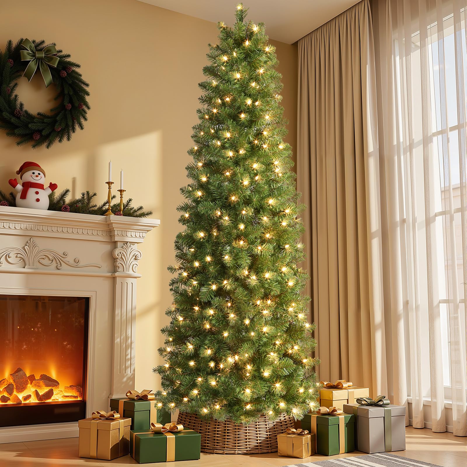 SHareconn Prelit Artificial Pencil Christmas Tree 6FT & Warm White Lights | Gree