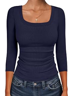 ANRABESS Top da donna con maniche a 3/4 girocollo a costine slim aderente casual basic t-shirt 2025 autunno alla moda per uscire t-shirt