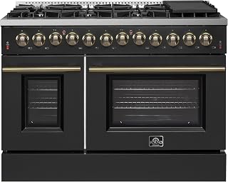 Forno Galiano 48" Dual Fuel Range, Black & Antique Brass, 107,000 BTU, 6.58 cu.ft.Ovens