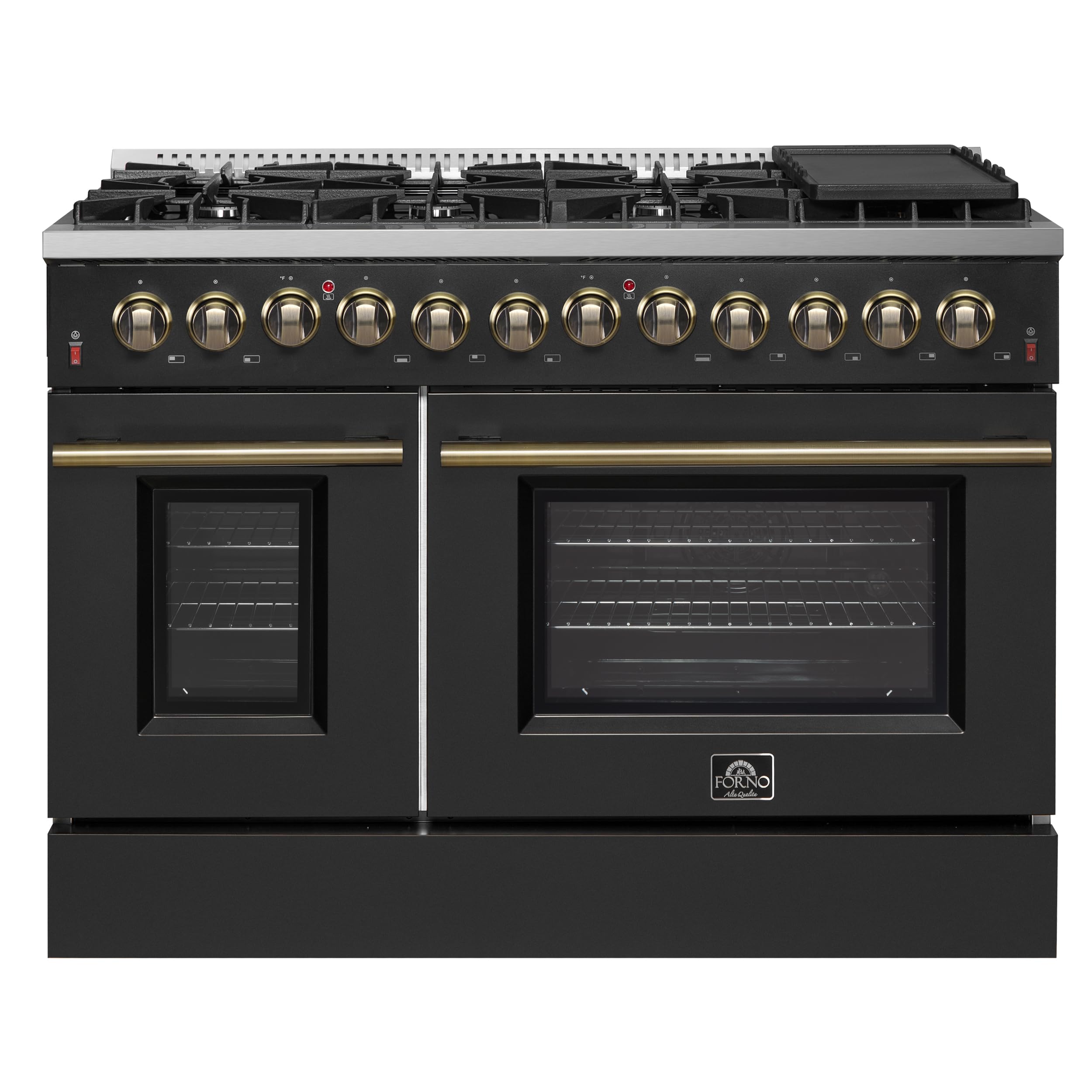 Forno Galiano 48" Dual Fuel Range, Black & Antique Brass, 107,000 BTU, 6.58 cu.f