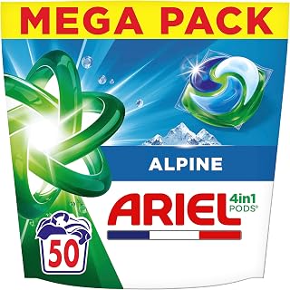 Ariel PODS 4-in-1, Capsule Detergent, 50 Washes, Alpine, Impeccable Stain Removal, Effective Even in Cold and Short Cycles | Lessive En Capsule, 50 Lavages, élimination Impeccable Des Tâches, efficace Même A Froid Et En Cycle Court