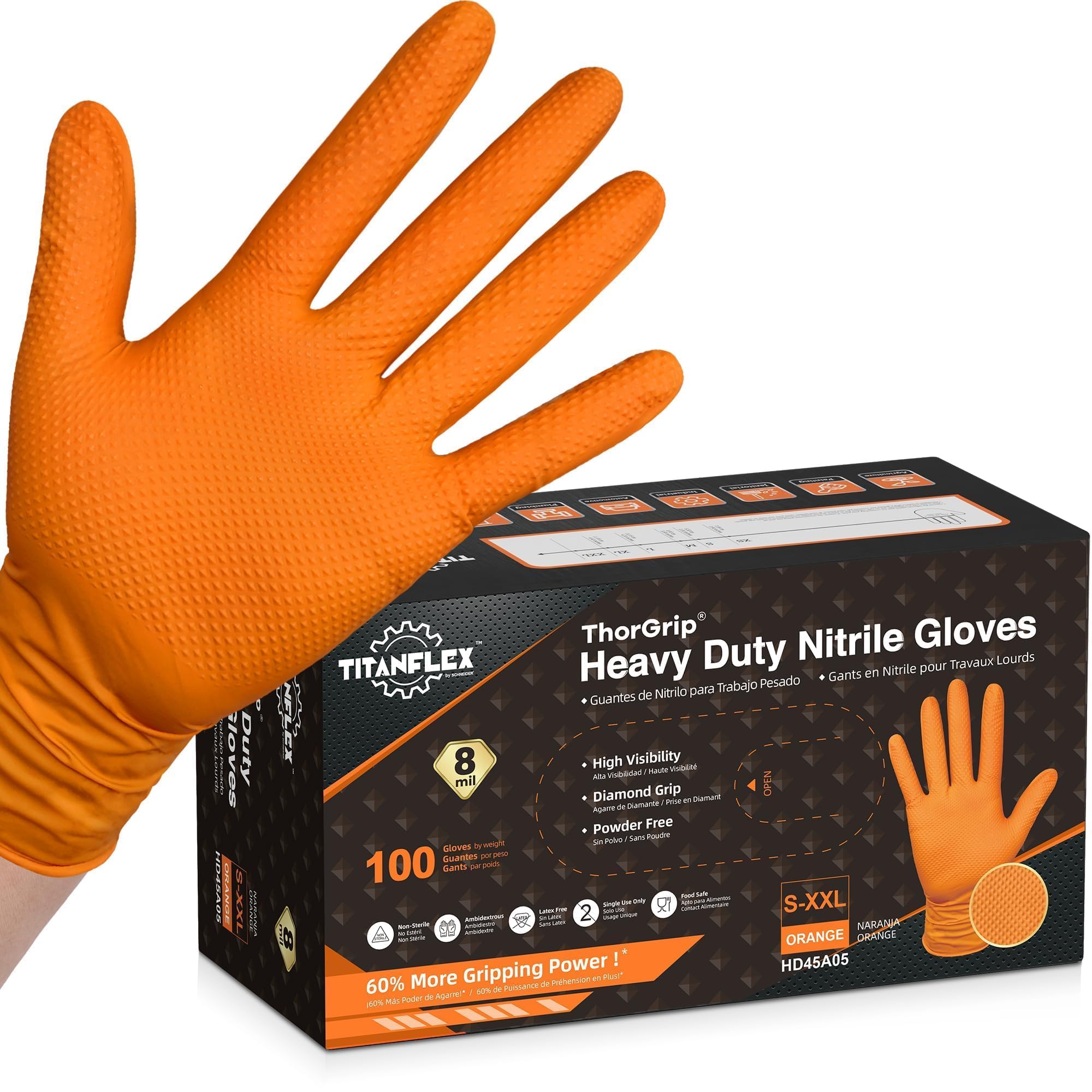TitanFlex Heavy Duty Industrial Orange Nitrile Gloves, 8-mil, Gloves Disposable 