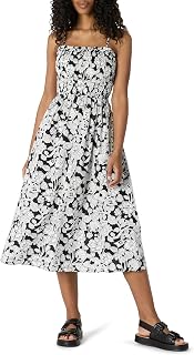 Amazon Essentials Women's Regular-Fit Cotton Sateen Smocked Bodice Midi Dress with Removable Straps, A-line Ruffle