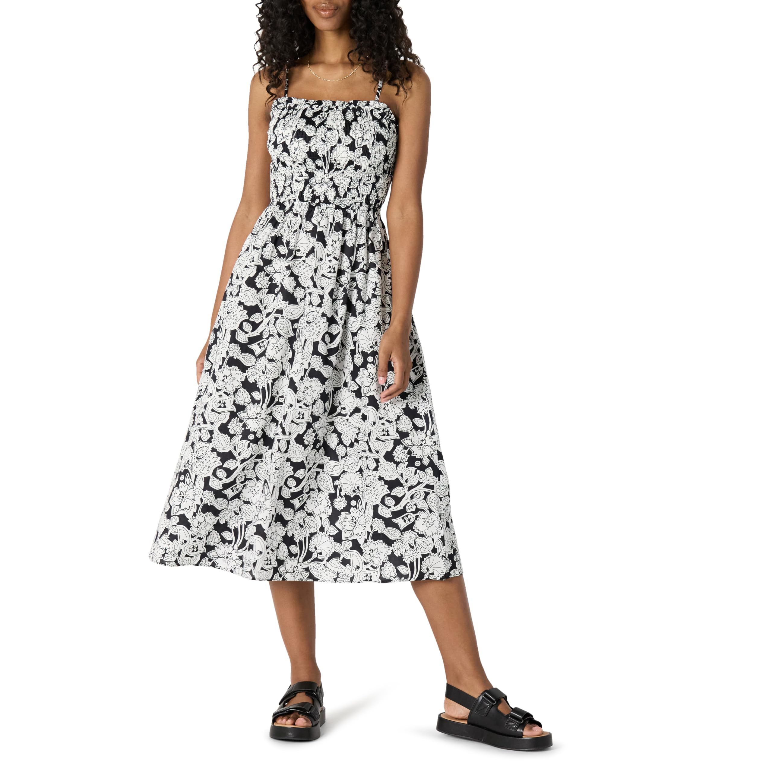 Amazon Essentials Women's Regular-Fit Cotton Sateen Smocked Bodice Midi Dress wi