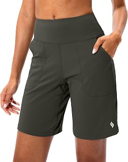 SANTINY Women's Bermuda Shorts with Zip Pocket High Waist Long Shorts for Running Athletic Workout
