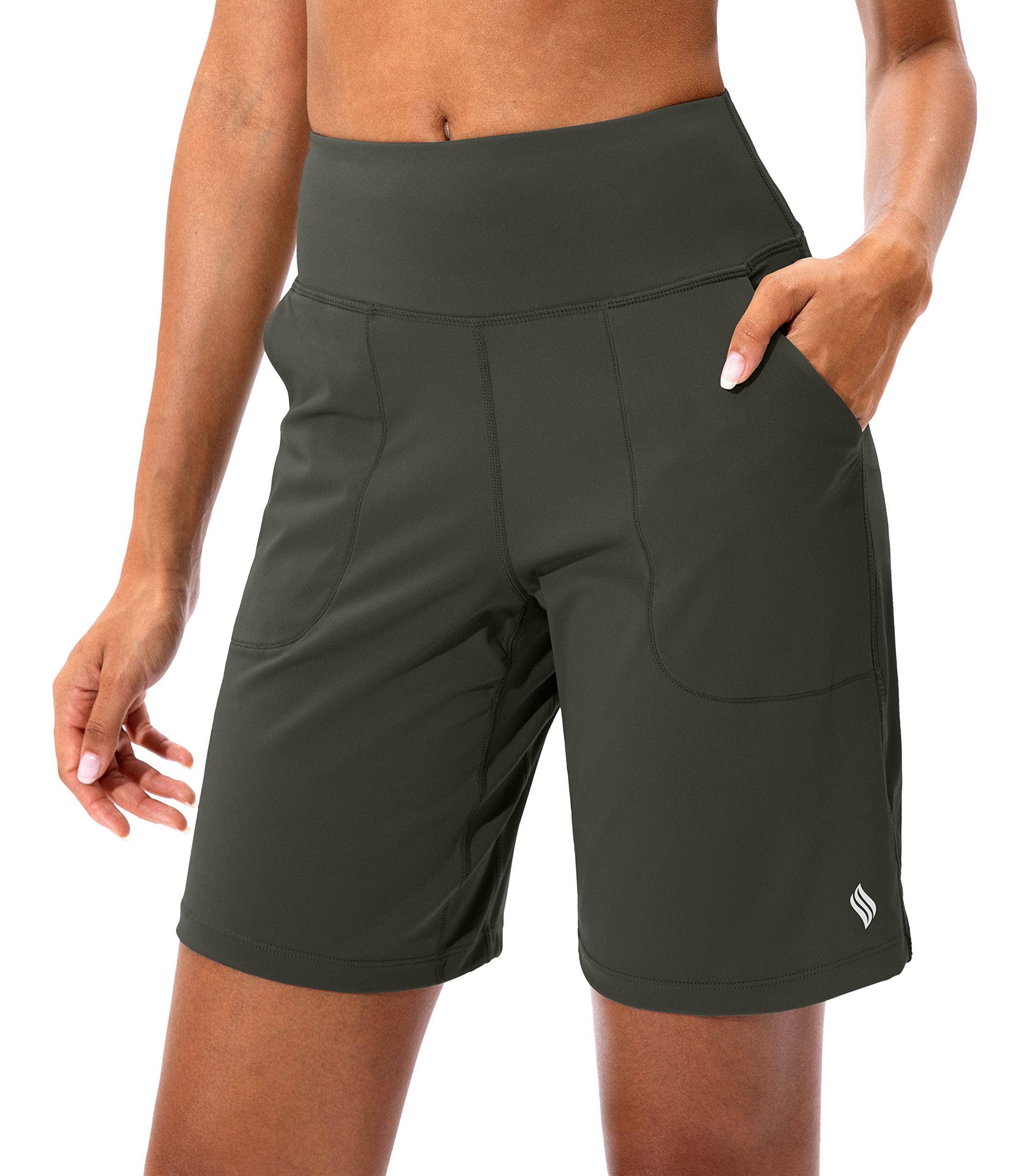 SANTINY Women's Bermuda Shorts with Zip Pocket High Waist Long Shorts for Runnin