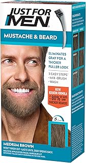 JUST FOR MEN Mustache & Beard Dye, Keratin, Medium Brown M-35 (1 Pack) | Mustache & Beard color medium brown designed for facial hair to instantly eliminate gray. Enhanced with keratin & biotin.