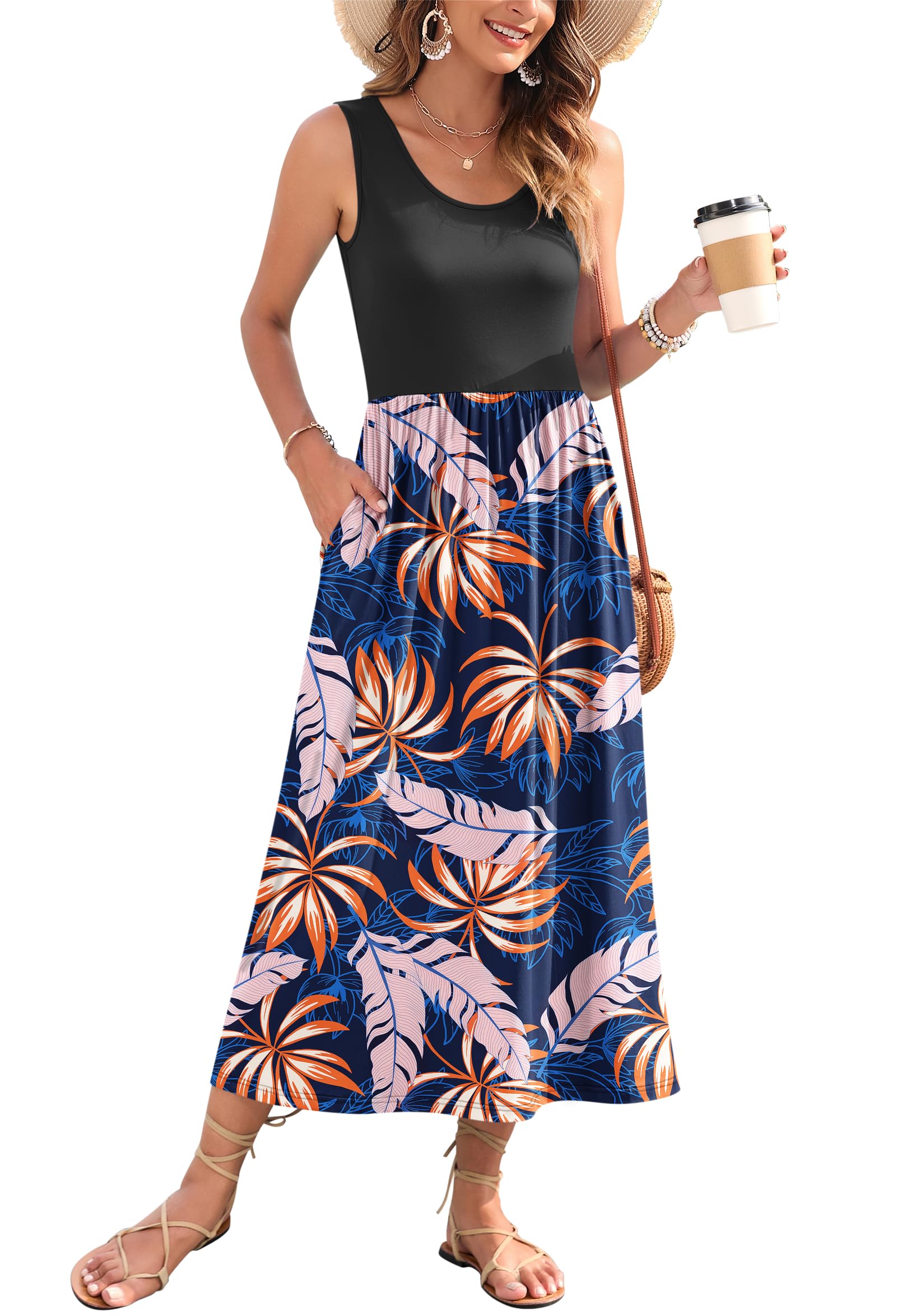 WNEEDU Women's Summer Maxi Dress Casual Sleeveless Sundress