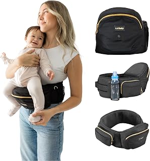 Tushbaby Original Hip Seat Baby Carrier for Babies & Toddlers up to 45 lbs, Safety Certified, Lightweight No-Foam Design with Storage, Black & Gold