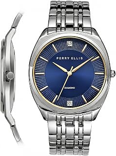 Perry Ellis Slim Diamond Men’s Watch – Dark Blue Sunray Dial, Silver Alloy Band, Water-Resistant Analog